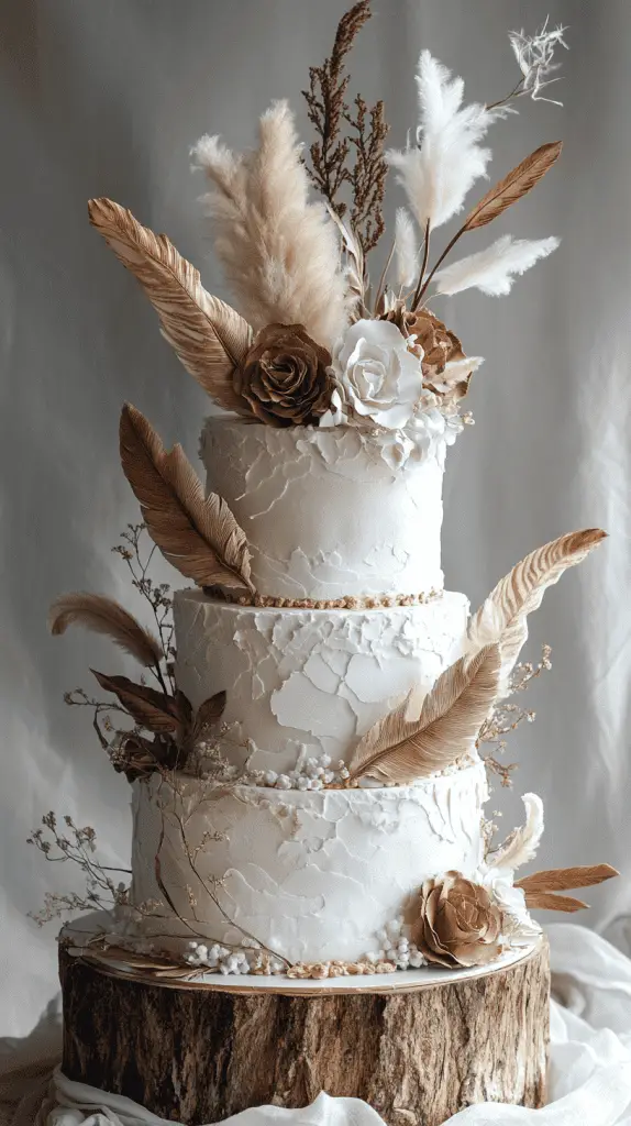 y at 17:22 A boho chic cake decorated with wafer paper feathers and subtle geometric arrow patterns, blending natural textures with tribal elements for a unique, free-spirited design.