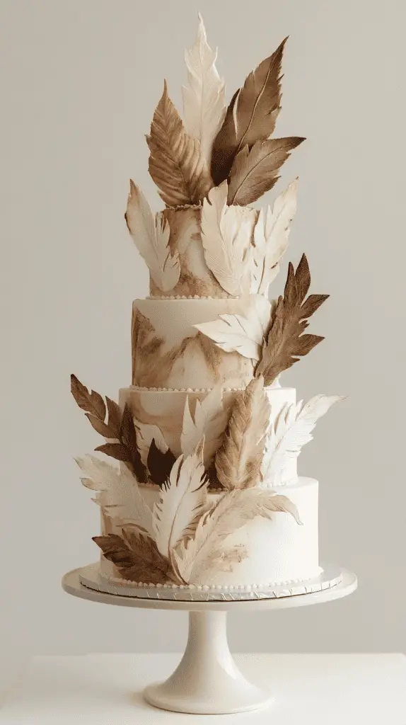 y at 17:22 A boho chic cake decorated with wafer paper feathers and subtle geometric arrow patterns, blending natural textures with tribal elements for a unique, free-spirited design.