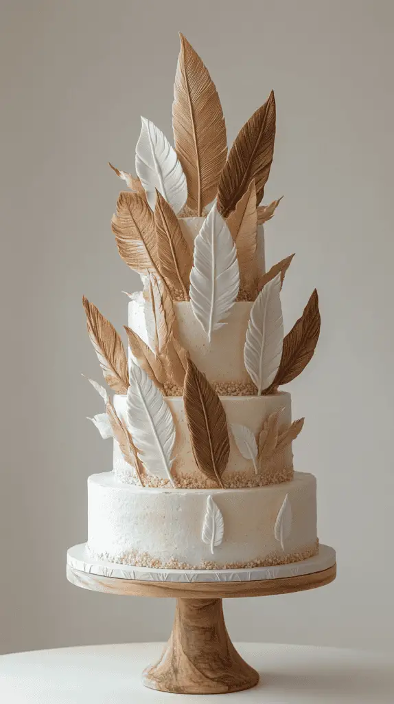 y at 17:22 A boho chic cake decorated with wafer paper feathers and subtle geometric arrow patterns, blending natural textures with tribal elements for a unique, free-spirited design.