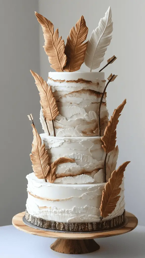 y at 17:22 A boho chic cake decorated with wafer paper feathers and subtle geometric arrow patterns, blending natural textures with tribal elements for a unique, free-spirited design.