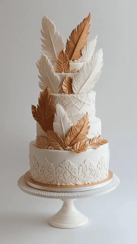y at 17:22 A boho chic cake decorated with wafer paper feathers and subtle geometric arrow patterns, blending natural textures with tribal elements for a unique, free-spirited design.
