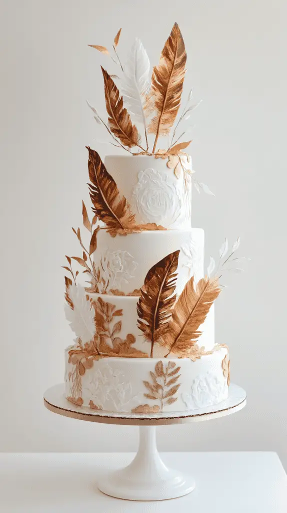 y at 17:22 A boho chic cake decorated with wafer paper feathers and subtle geometric arrow patterns, blending natural textures with tribal elements for a unique, free-spirited design.