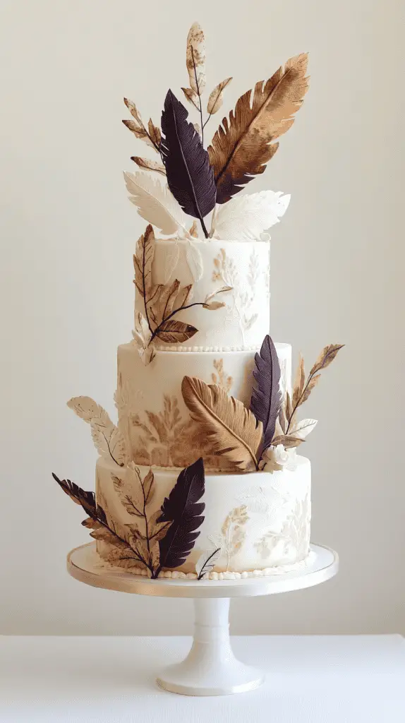 y at 17:22 A boho chic cake decorated with wafer paper feathers and subtle geometric arrow patterns, blending natural textures with tribal elements for a unique, free-spirited design.