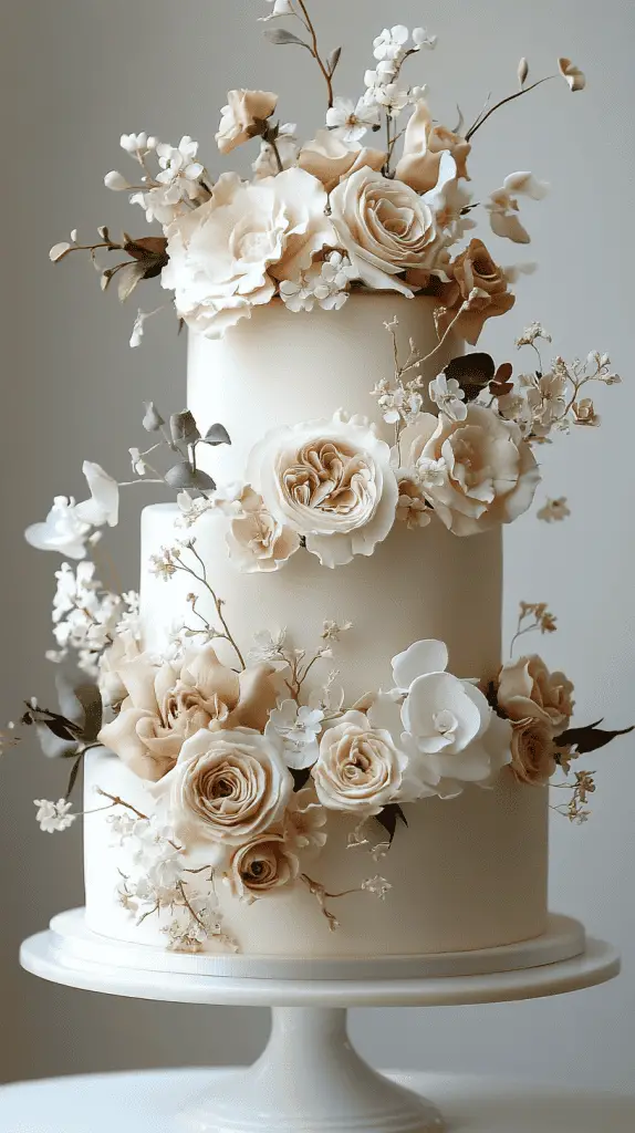 A classic three-tier white wedding cake adorned with floral accents.The cake is covered in smooth fondant or rich buttercream, providing a sleek canvas for decoration. Fresh roses,peonies,or seasonal blooms are artistically arranged around the tiers,adding a touch of elegance and color.