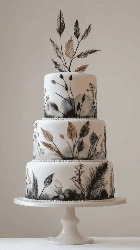 y at 17:22 A boho chic cake decorated with wafer paper feathers and subtle geometric arrow patterns, blending natural textures with tribal elements for a unique, free-spirited design.