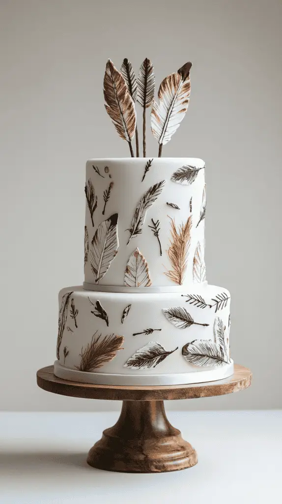 y at 17:22 A boho chic cake decorated with wafer paper feathers and subtle geometric arrow patterns, blending natural textures with tribal elements for a unique, free-spirited design.
