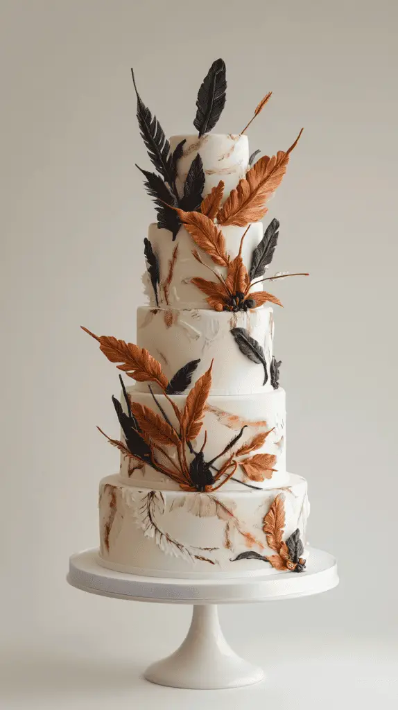 y at 17:22 A boho chic cake decorated with wafer paper feathers and subtle geometric arrow patterns, blending natural textures with tribal elements for a unique, free-spirited design.