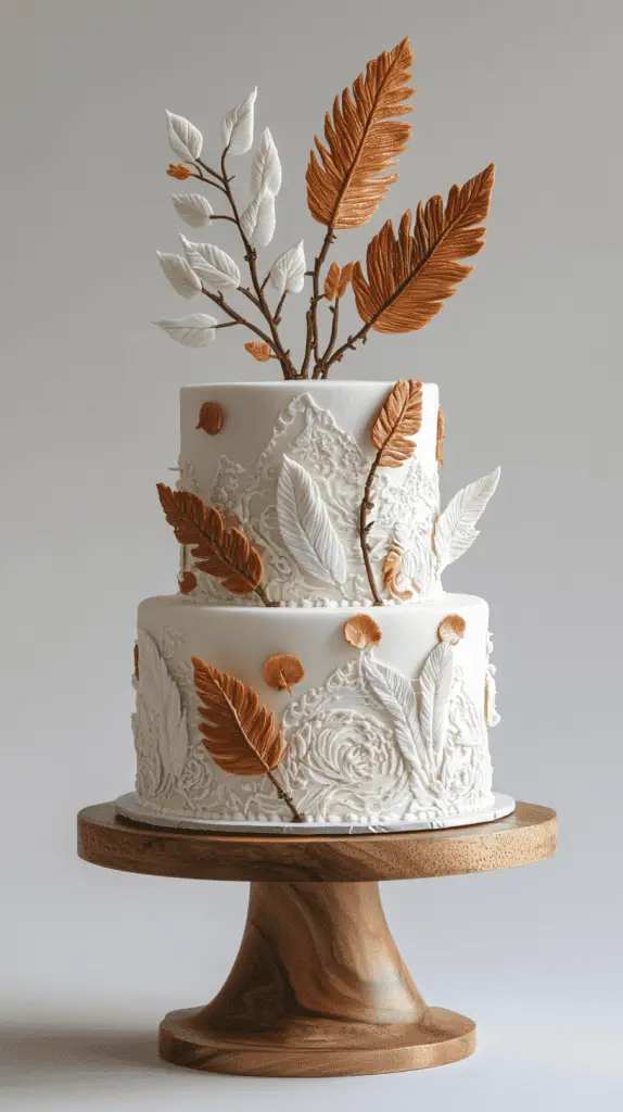 y at 17:22 A boho chic cake decorated with wafer paper feathers and subtle geometric arrow patterns, blending natural textures with tribal elements for a unique, free-spirited design.