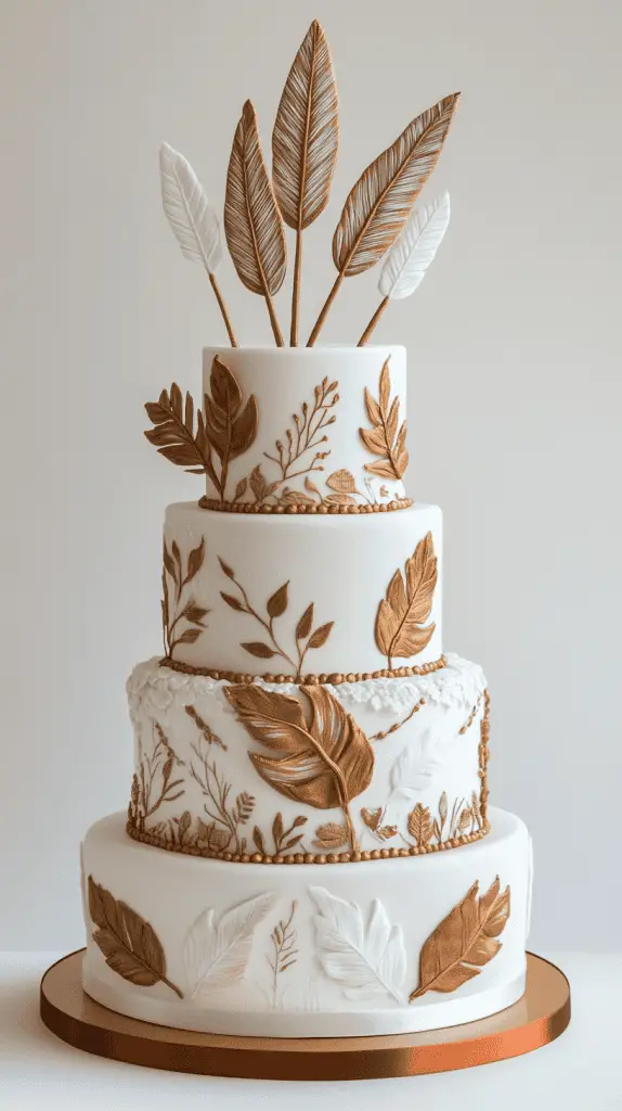 y at 17:22 A boho chic cake decorated with wafer paper feathers and subtle geometric arrow patterns, blending natural textures with tribal elements for a unique, free-spirited design.