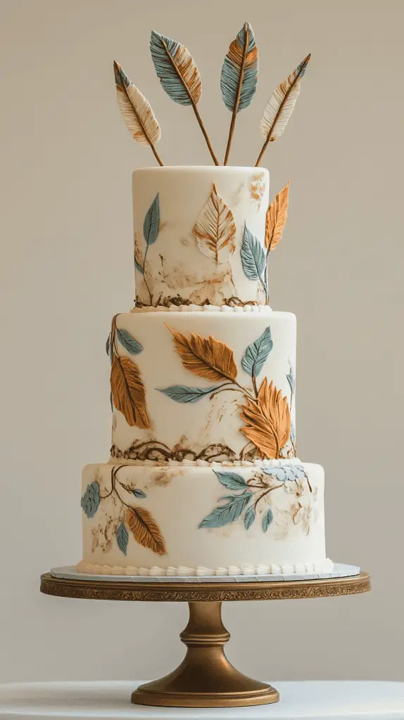 y at 17:22 A boho chic cake decorated with wafer paper feathers and subtle geometric arrow patterns, blending natural textures with tribal elements for a unique, free-spirited design.