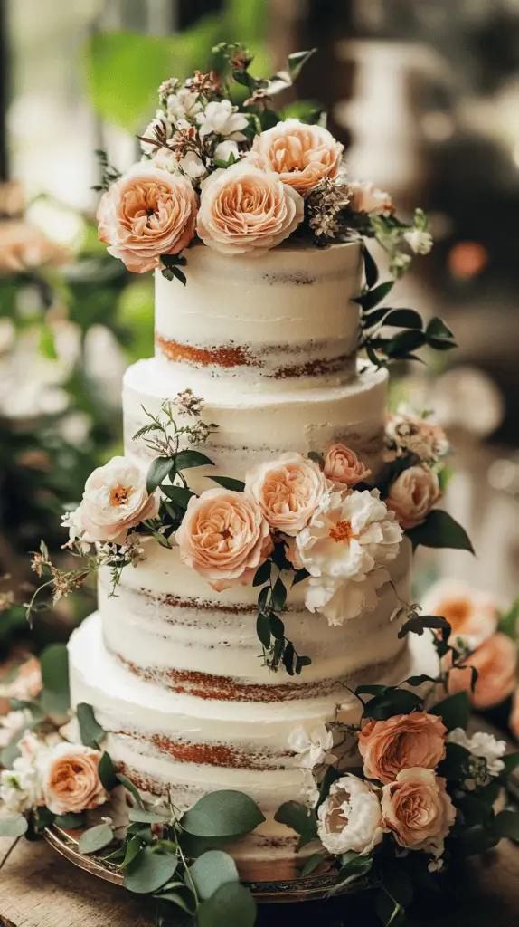 A two-tiered bohemian naked cake, decorated with delicate wildflowers and greenery, showcasing an elegant contrast between the exposed cake layers and the smooth buttercream between them.