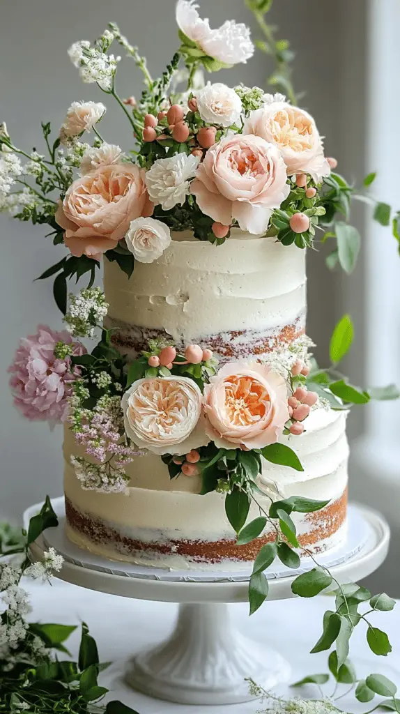 A two-tiered bohemian naked cake, decorated with delicate wildflowers and greenery, showcasing an elegant contrast between the exposed cake layers and the smooth buttercream between them.