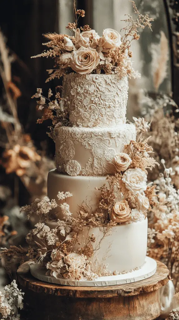 A multi-tiered bohemian wedding cake featuring intricate patterns, soft muted colors, and decorated with dried florals, greenery, and natural wood elements.