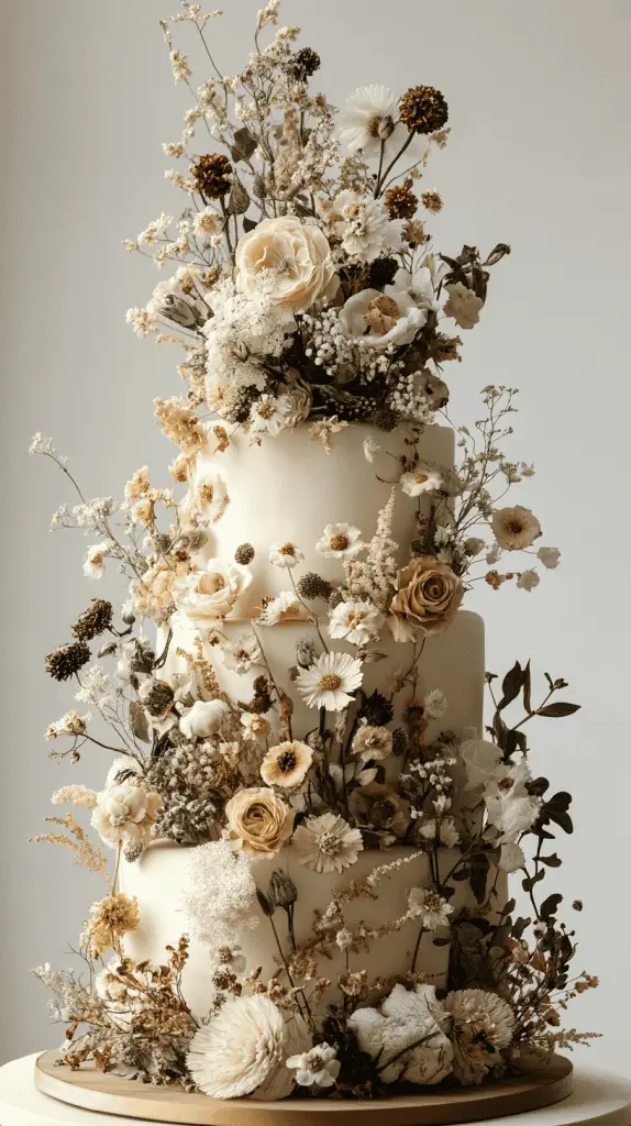 A multi-tiered bohemian wedding cake featuring intricate patterns, soft muted colors, and decorated with dried florals, greenery, and natural wood elements.