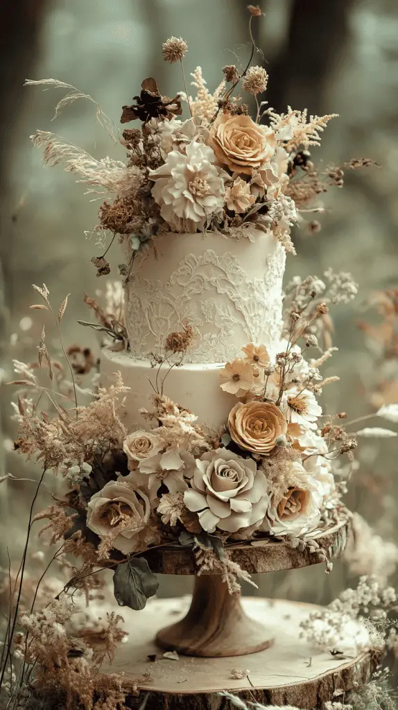 A multi-tiered bohemian wedding cake featuring intricate patterns, soft muted colors, and decorated with dried florals, greenery, and natural wood elements.