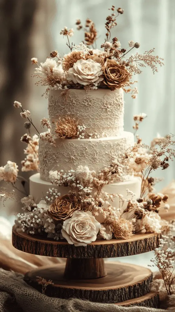 A multi-tiered bohemian wedding cake featuring intricate patterns, soft muted colors, and decorated with dried florals, greenery, and natural wood elements.