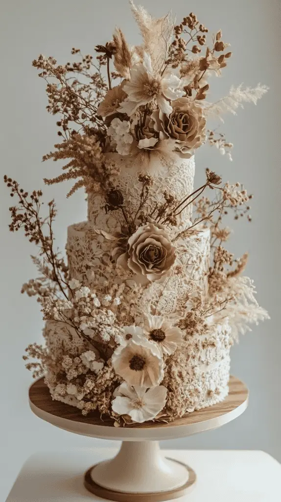 A multi-tiered bohemian wedding cake featuring intricate patterns,soft muted colors,and decorated with dried florals,greenery,and natural wood elements.