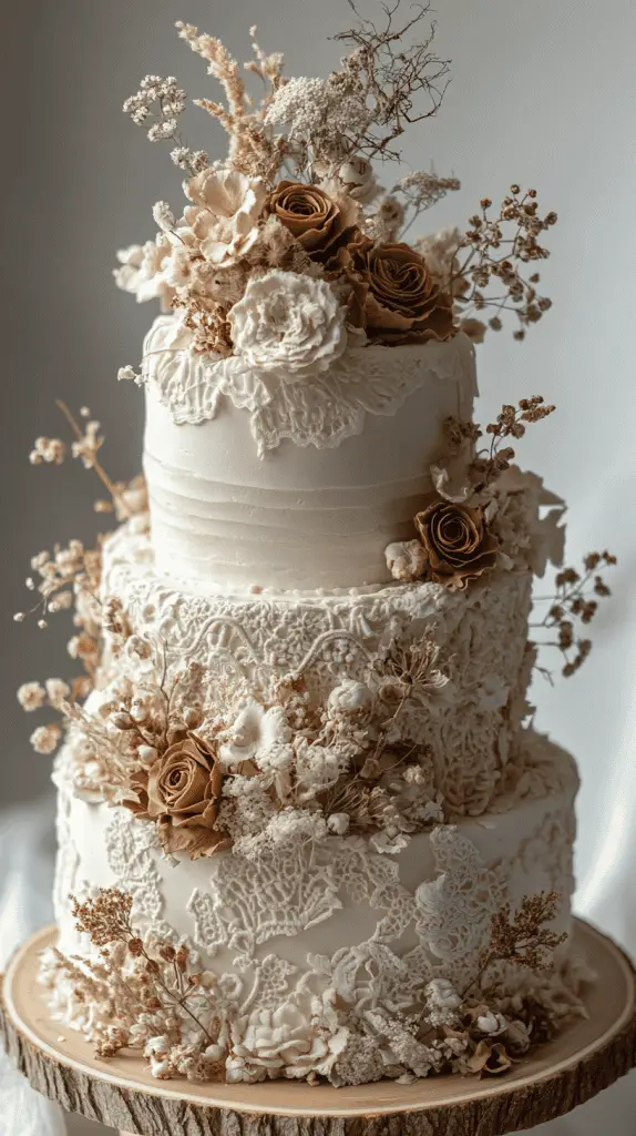 A multi-tiered bohemian wedding cake featuring intricate patterns, soft muted colors, and decorated with dried florals, greenery, and natural wood elements.