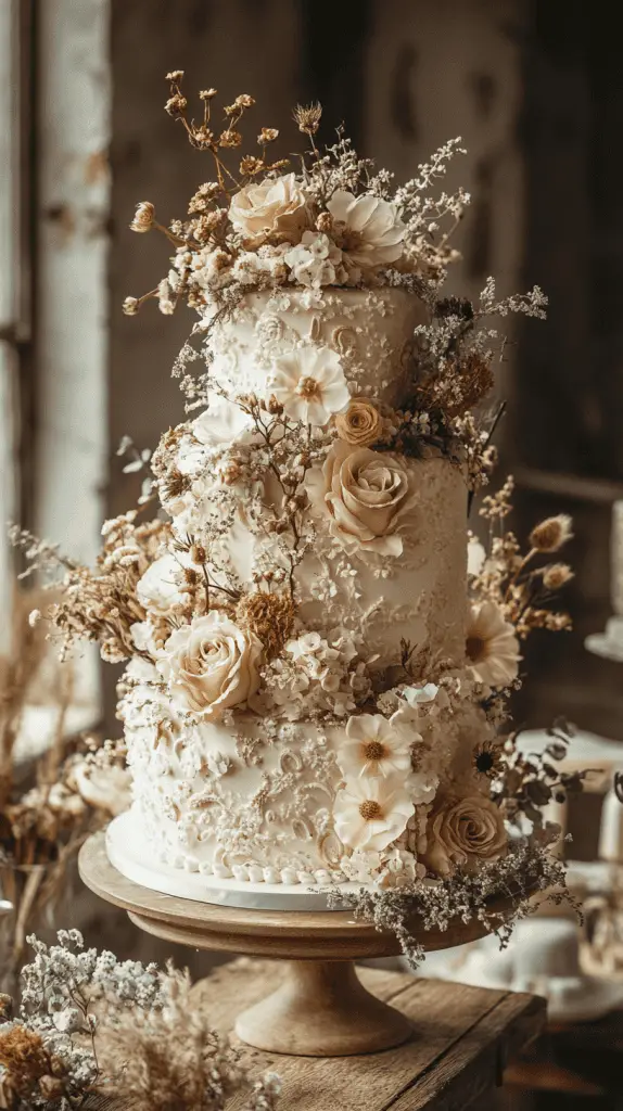 A multi-tiered bohemian wedding cake featuring intricate patterns, soft muted colors, and decorated with dried florals, greenery, and natural wood elements.