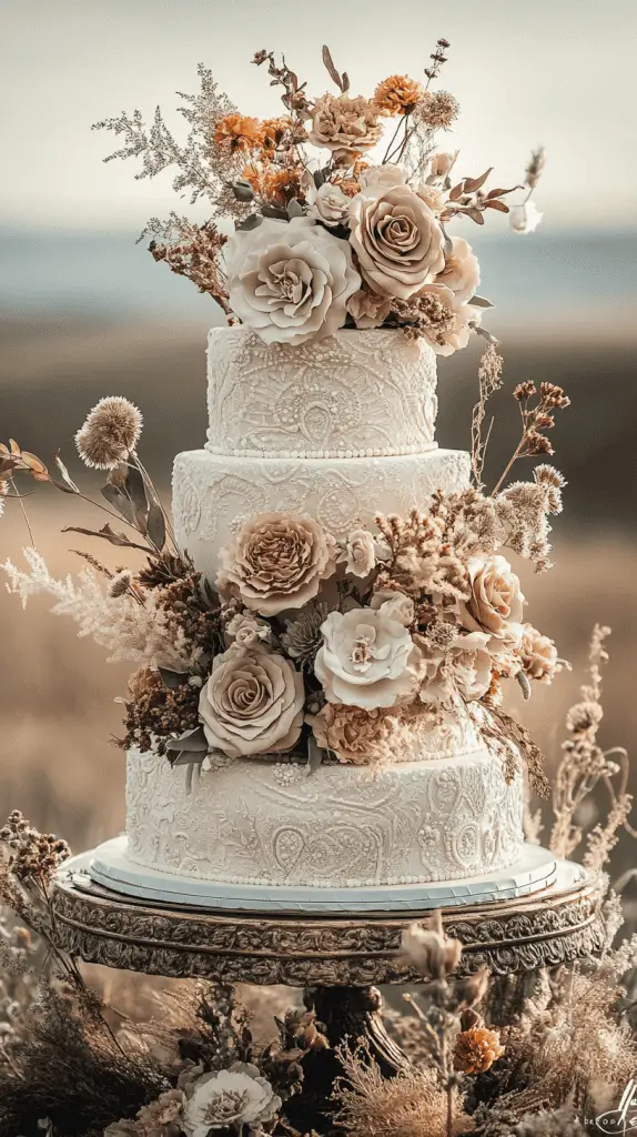 A multi-tiered bohemian wedding cake featuring intricate patterns,soft muted colors,and decorated with dried florals,greenery,and natural wood elements.
