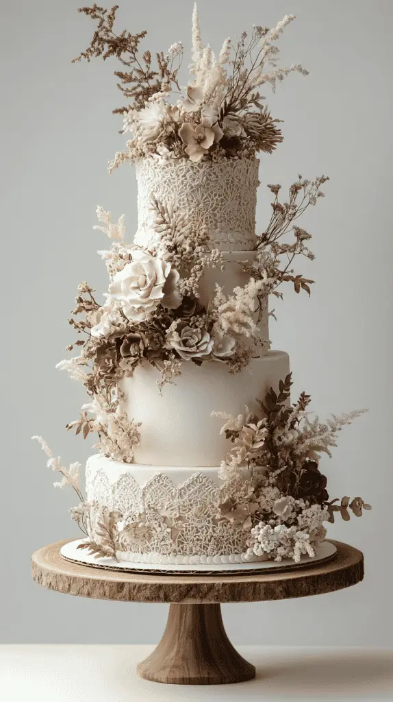 A multi-tiered bohemian wedding cake featuring intricate patterns, soft muted colors, and decorated with dried florals, greenery, and natural wood elements.
