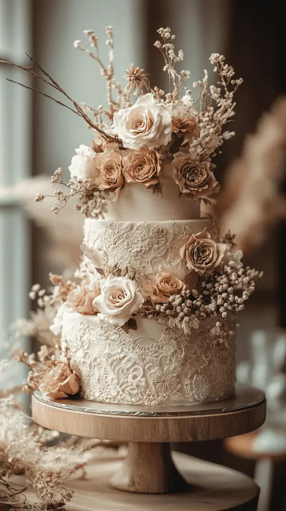 A multi-tiered bohemian wedding cake featuring intricate patterns,soft muted colors,and decorated with dried florals,greenery,and natural wood elements.