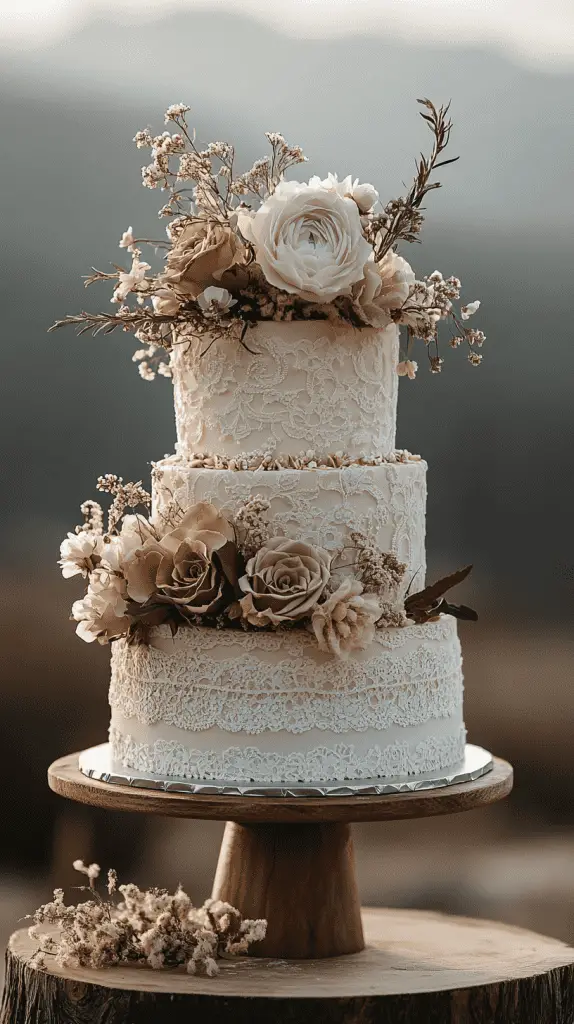 A multi-tiered bohemian wedding cake featuring intricate patterns, soft muted colors, and decorated with dried florals, greenery, and natural wood elements.