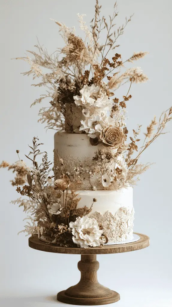 A multi-tiered bohemian wedding cake featuring intricate patterns, soft muted colors, and decorated with dried florals, greenery, and natural wood elements.