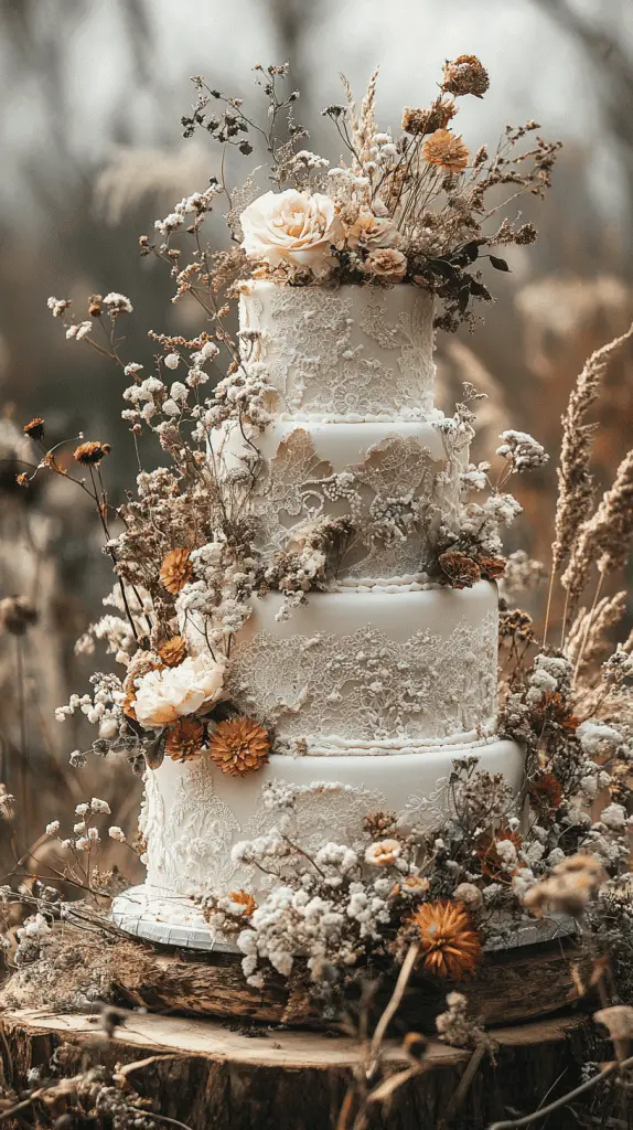 A multi-tiered bohemian wedding cake featuring intricate patterns, soft muted colors, and decorated with dried florals, greenery, and natural wood elements.