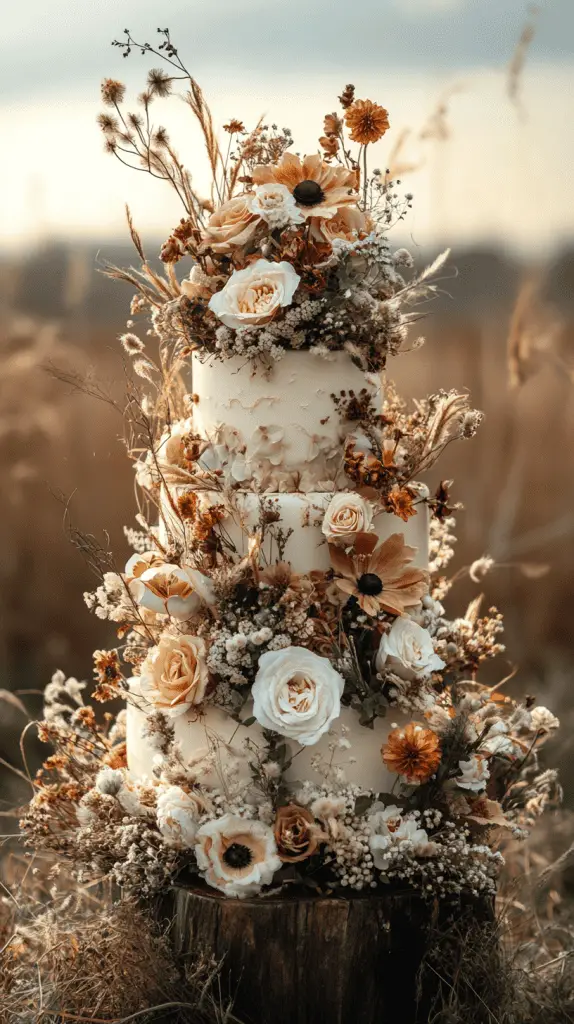 A multi-tiered bohemian wedding cake featuring intricate patterns, soft muted colors, and decorated with dried florals, greenery, and natural wood elements.