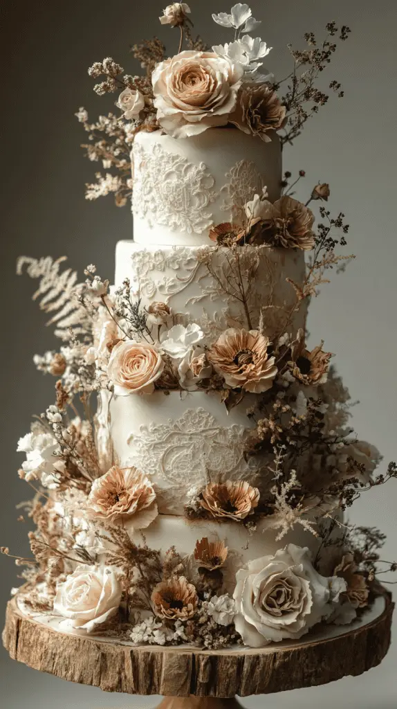 A multi-tiered bohemian wedding cake featuring intricate patterns, soft muted colors, and decorated with dried florals, greenery, and natural wood elements.
