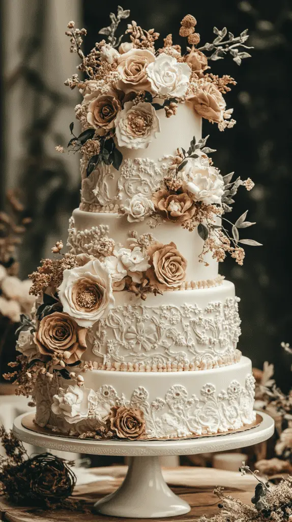 A multi-tiered bohemian wedding cake featuring intricate patterns, soft muted colors, and decorated with dried florals, greenery, and natural wood elements.