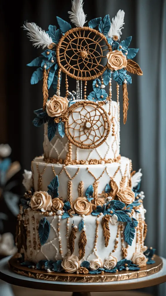 A whimsical boho chic cake adorned with dreamcatcher-inspired fondant decorations, featuring detailed edible feathers and beadwork, reflecting bohemian luxury and storytelling through its design.