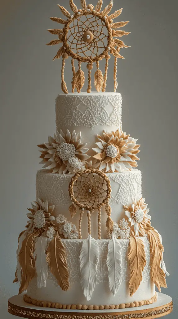 A whimsical boho chic cake adorned with dreamcatcher-inspired fondant decorations, featuring detailed edible feathers and beadwork, reflecting bohemian luxury and storytelling through its design.