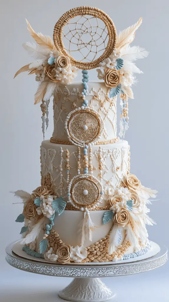 A whimsical boho chic cake adorned with dreamcatcher-inspired fondant decorations, featuring detailed edible feathers and beadwork, reflecting bohemian luxury and storytelling through its design.