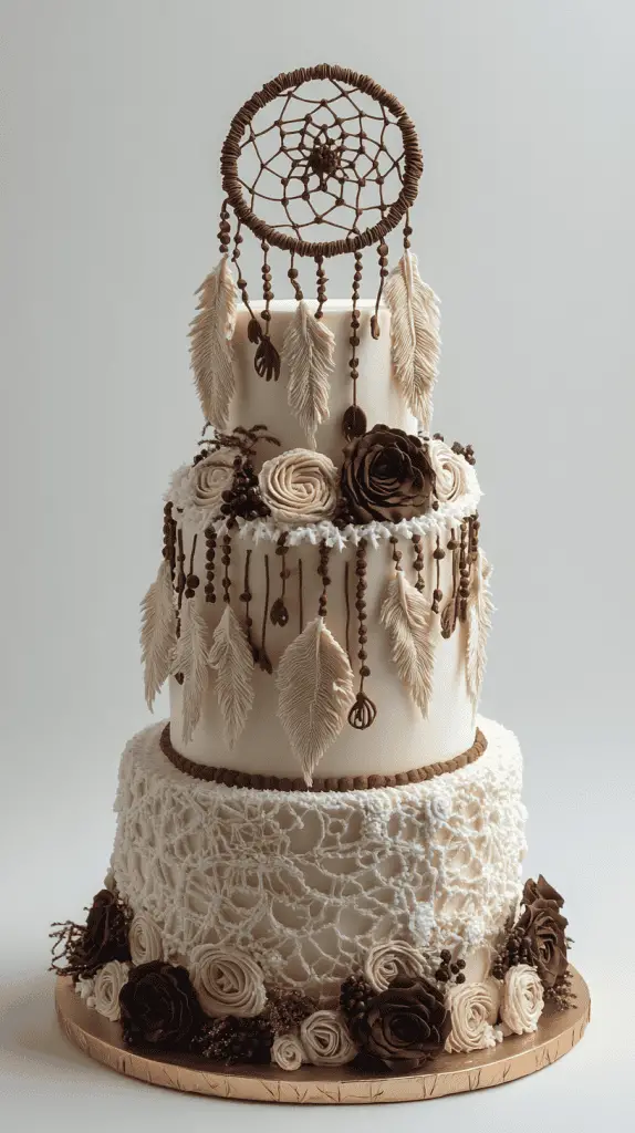 A whimsical boho chic cake adorned with dreamcatcher-inspired fondant decorations, featuring detailed edible feathers and beadwork, reflecting bohemian luxury and storytelling through its design.