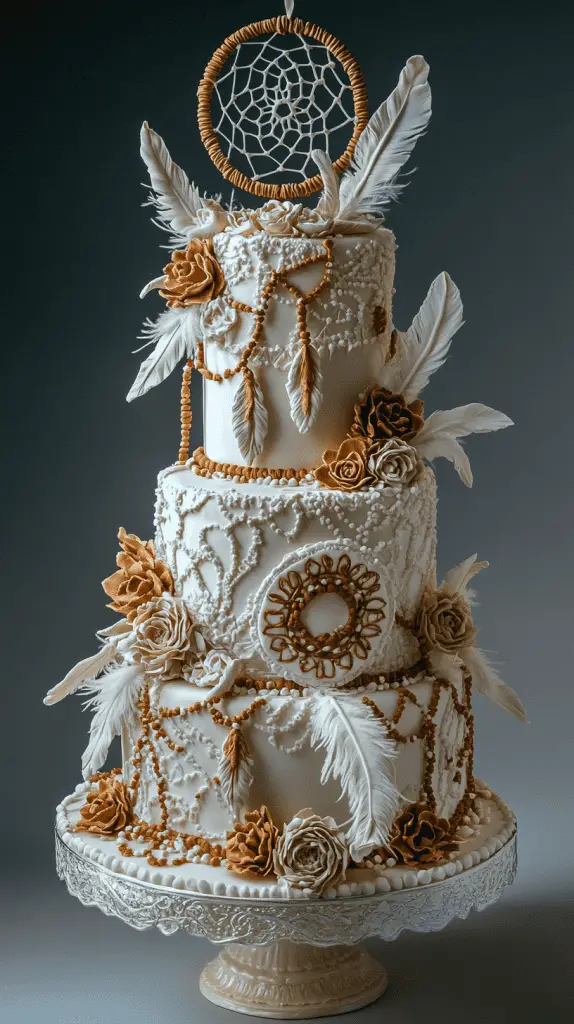A whimsical boho chic cake adorned with dreamcatcher-inspired fondant decorations, featuring detailed edible feathers and beadwork, reflecting bohemian luxury and storytelling through its design.