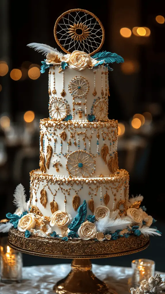 A whimsical boho chic cake adorned with dreamcatcher-inspired fondant decorations, featuring detailed edible feathers and beadwork, reflecting bohemian luxury and storytelling through its design.
