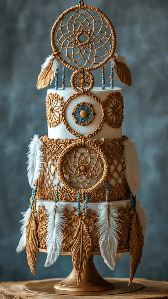 A whimsical boho chic cake adorned with dreamcatcher-inspired fondant decorations, featuring detailed edible feathers and beadwork, reflecting bohemian luxury and storytelling through its design.