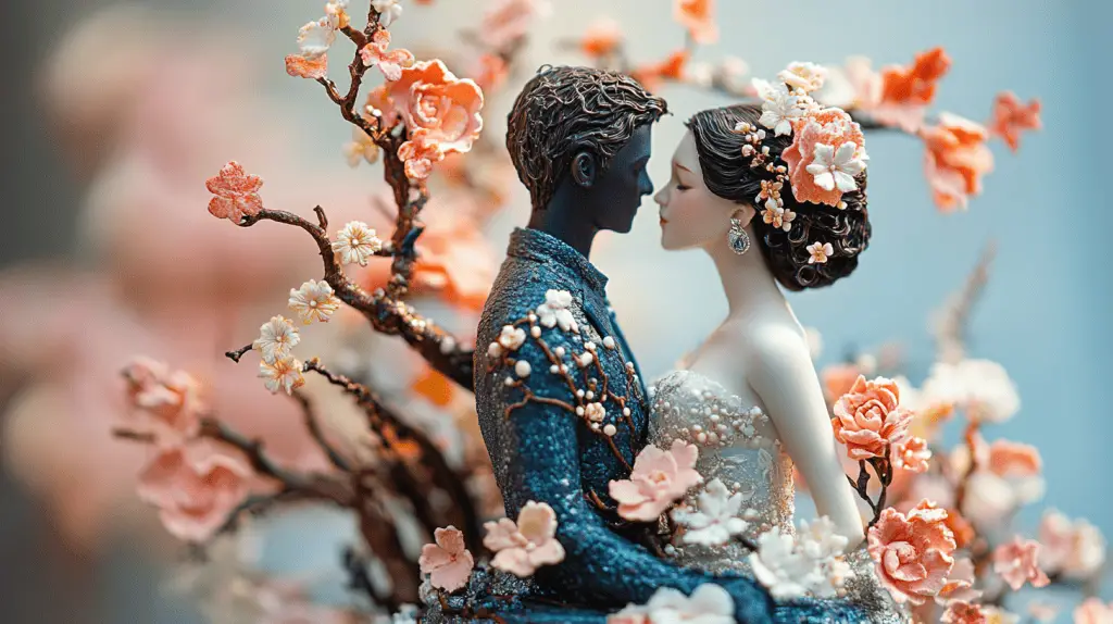 A personalized wedding cake that serves as a storytelling masterpiece, featuring custom motifs, meaningful symbols, and a unique silhouette that reflects the couple's journey. the design blends bold, artistic elements with sustainable touches like edible floral accents and natural textures, creating a one-of-a-kind centerpiece that captures individuality and creativity.
