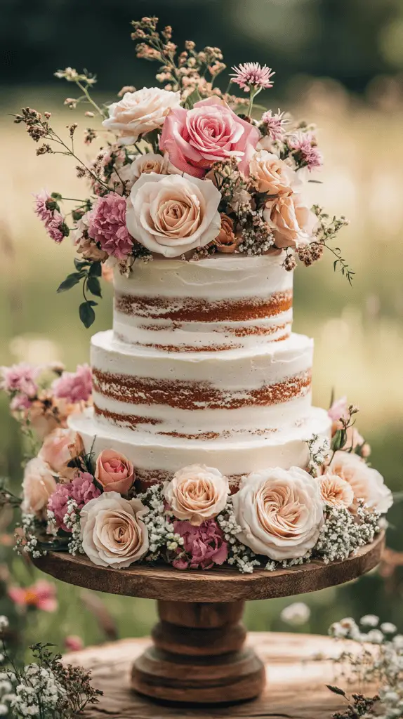 A two-tiered bohemian naked cake,decorated with delicate wildflowers and greenery,showcasing an elegant contrast between the exposed cake layers and the smooth buttercream between them.