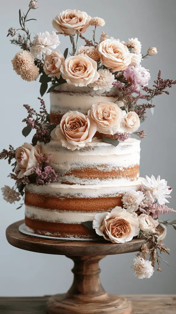 A two-tiered bohemian naked cake, decorated with delicate wildflowers and greenery, showcasing an elegant contrast between the exposed cake layers and the smooth buttercream between them.