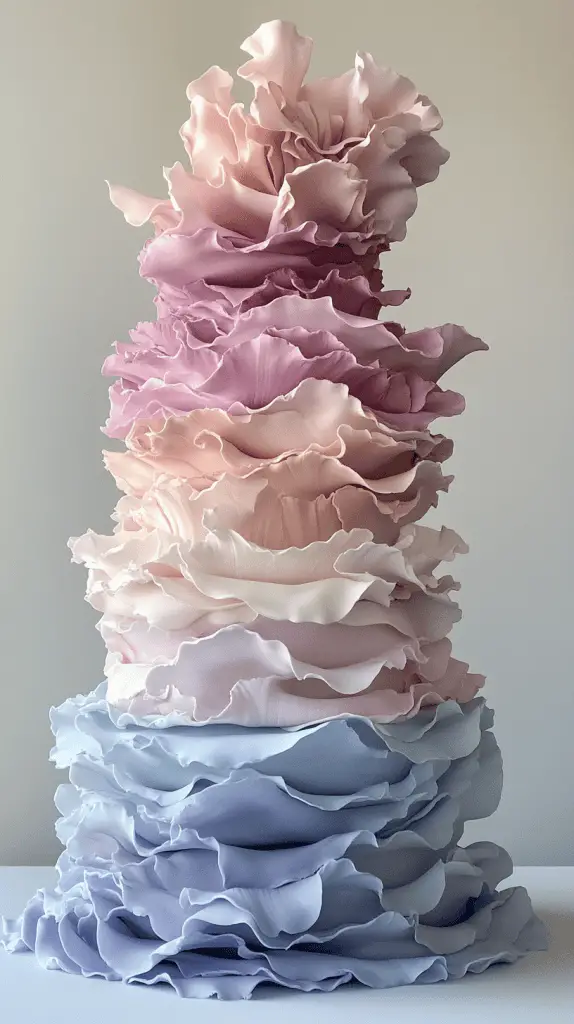 A soft pastel boho chic wedding cake with delicate ruffled layers of fondant, creating a flowing, fabric-like texture that adds movement and romance to the design.