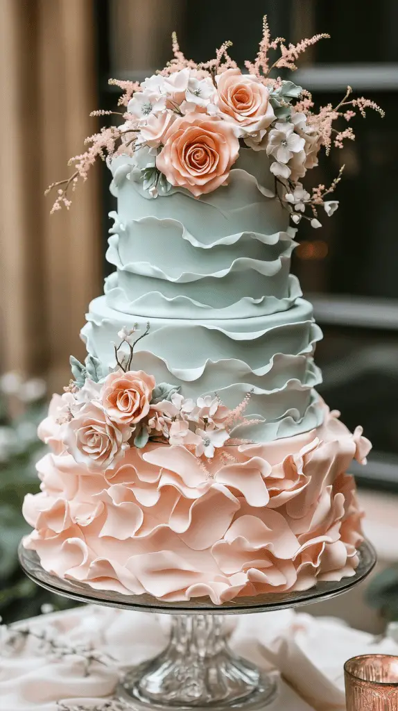 A soft pastel boho chic wedding cake with delicate ruffled layers of fondant, creating a flowing, fabric-like texture that adds movement and romance to the design.