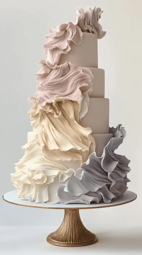 A soft pastel boho chic wedding cake with delicate ruffled layers of fondant,creating a flowing,fabric-like texture that adds movement and romance to the design.