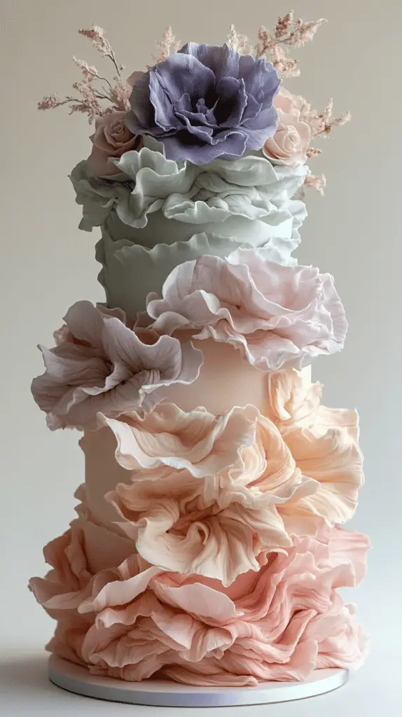 A soft pastel boho chic wedding cake with delicate ruffled layers of fondant, creating a flowing, fabric-like texture that adds movement and romance to the design.