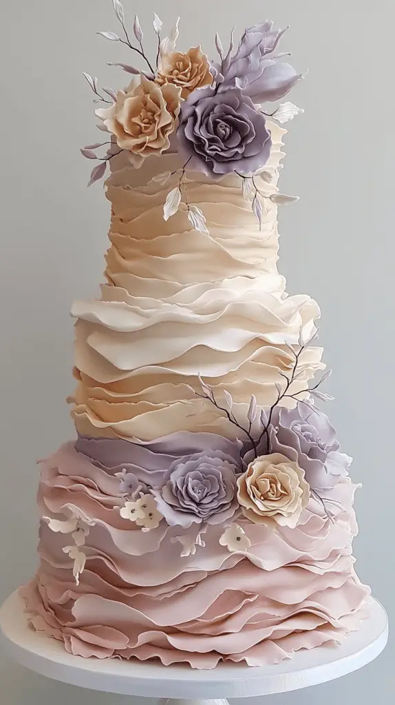 A soft pastel boho chic wedding cake with delicate ruffled layers of fondant, creating a flowing, fabric-like texture that adds movement and romance to the design.