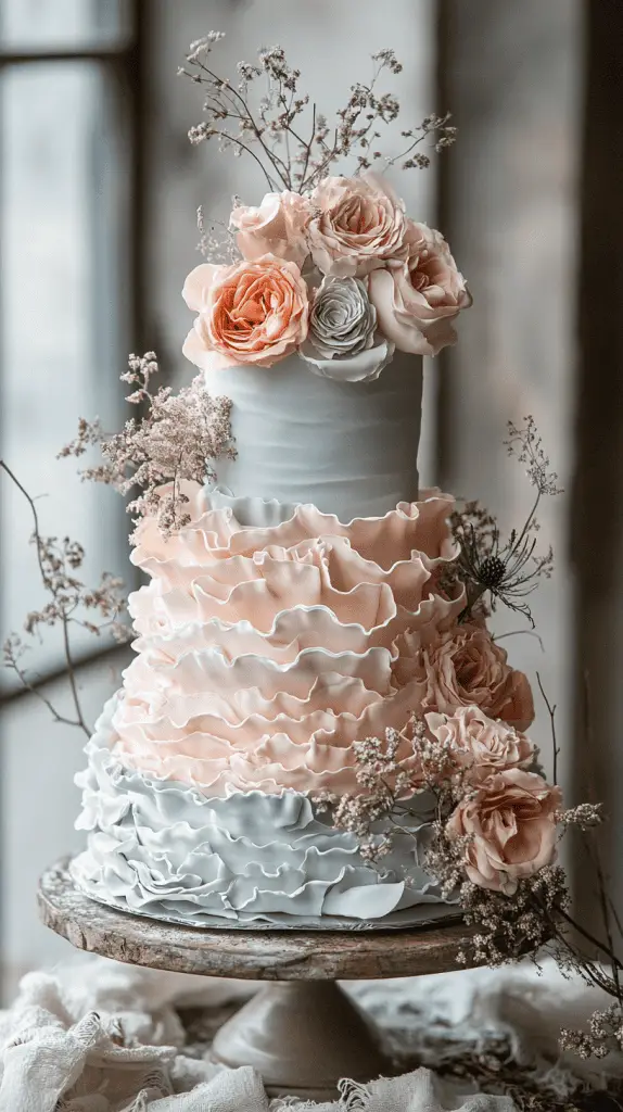 A soft pastel boho chic wedding cake with delicate ruffled layers of fondant, creating a flowing, fabric-like texture that adds movement and romance to the design.
