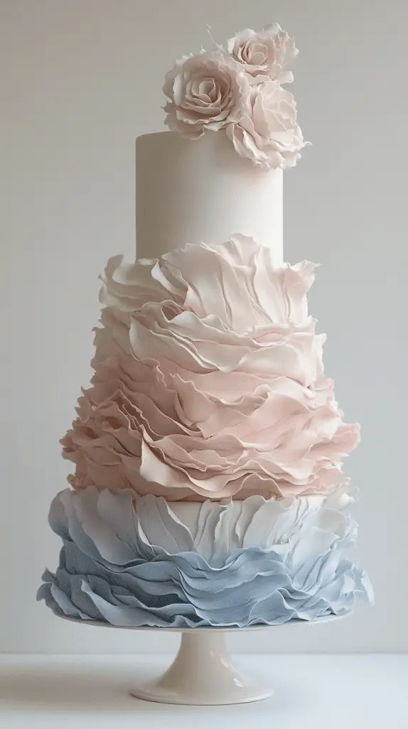 A soft pastel boho chic wedding cake with delicate ruffled layers of fondant, creating a flowing, fabric-like texture that adds movement and romance to the design.