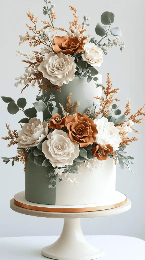 A three-tier boho chic cake with fondant in warm earth tones, including muted terracotta and sage, accented with natural embellishments like dried eucalyptus and ivory blooms.